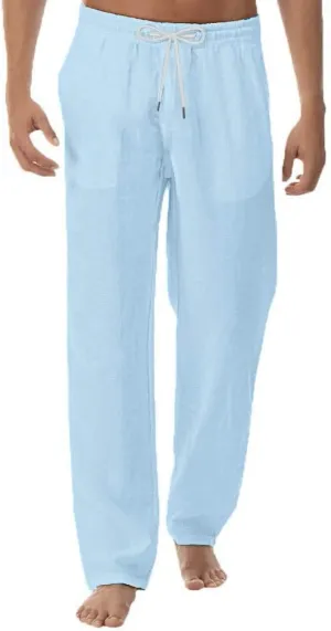 Mens Cotton Linen Pants Tall Casual Classic Summer Beach Pants Lightweight Breathable Flat Front Trouser with Pockets