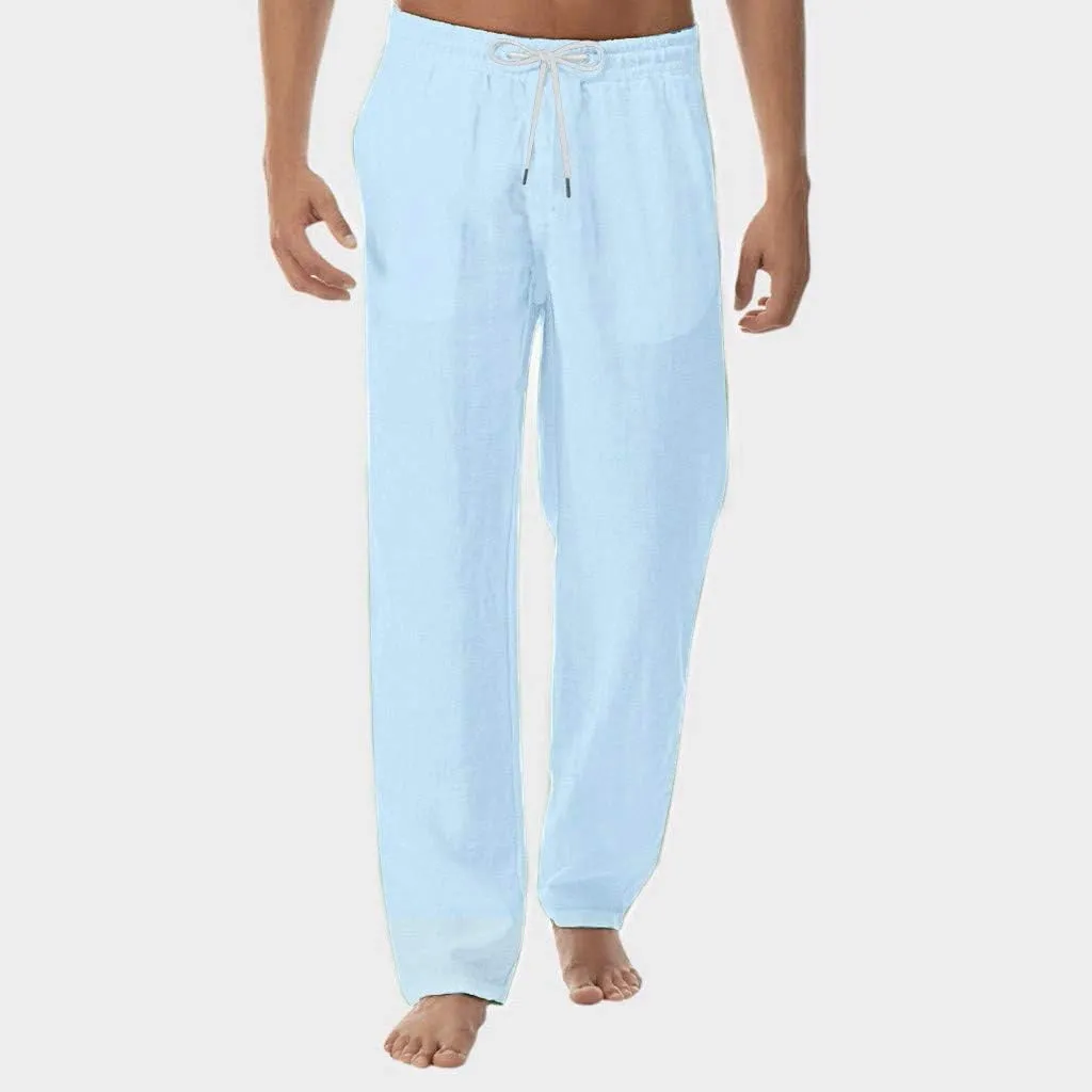 Mens Cotton Linen Pants Tall Casual Classic Summer Beach Pants Lightweight Breathable Flat Front Trouser with Pockets