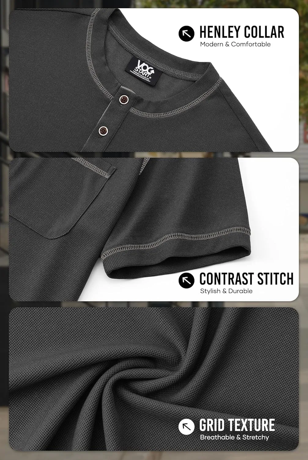 Mens Henley Shirts Casual Stretch Summer Lightweigh Waffle Short Sleeve T-Shirt with Pocket (S-XXL)