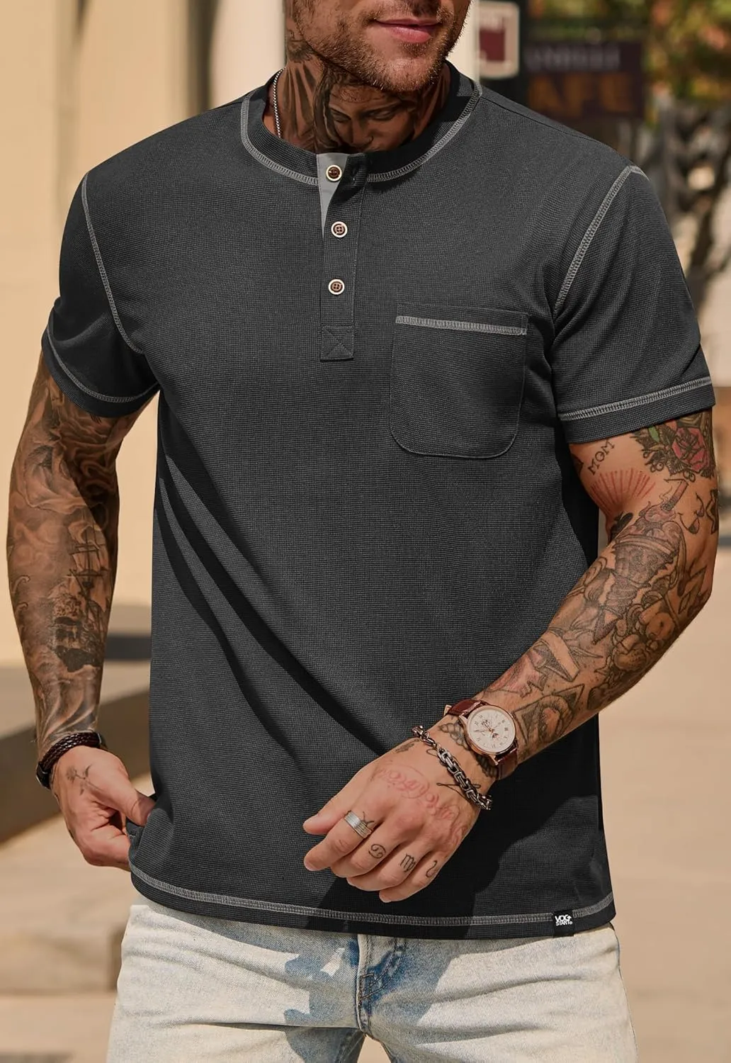 Mens Henley Shirts Casual Stretch Summer Lightweigh Waffle Short Sleeve T-Shirt with Pocket (S-XXL)