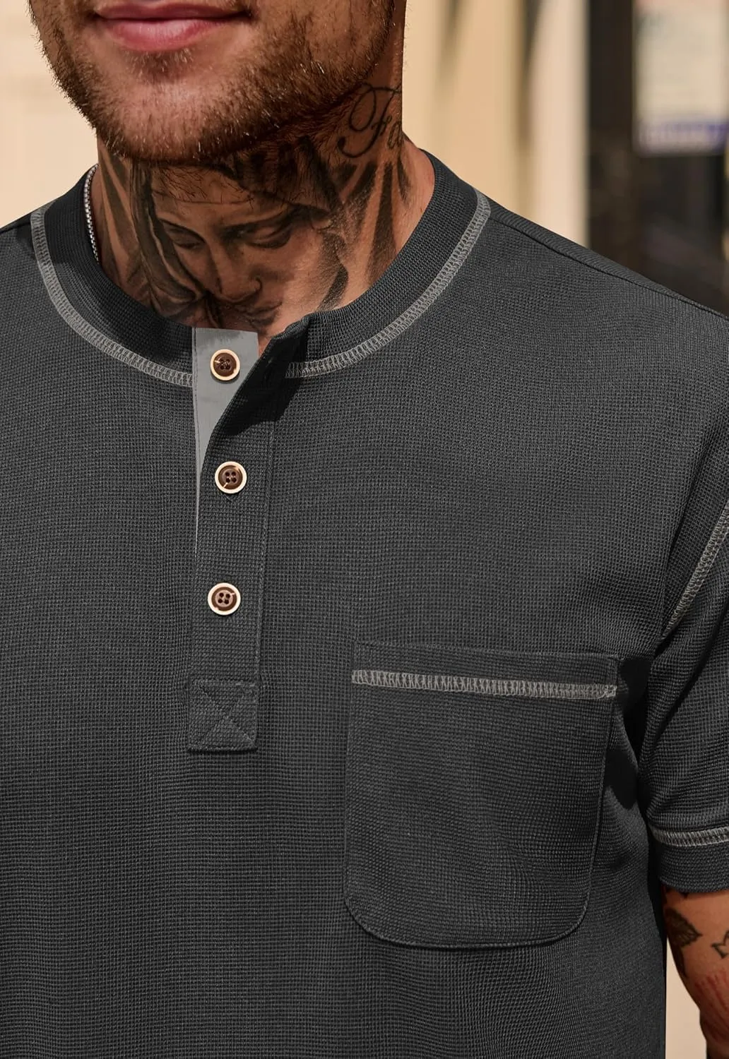 Mens Henley Shirts Casual Stretch Summer Lightweigh Waffle Short Sleeve T-Shirt with Pocket (S-XXL)