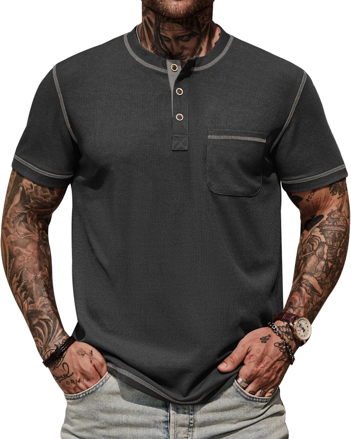 Mens Henley Shirts Casual Stretch Summer Lightweigh Waffle Short Sleeve T-Shirt with Pocket (S-XXL)