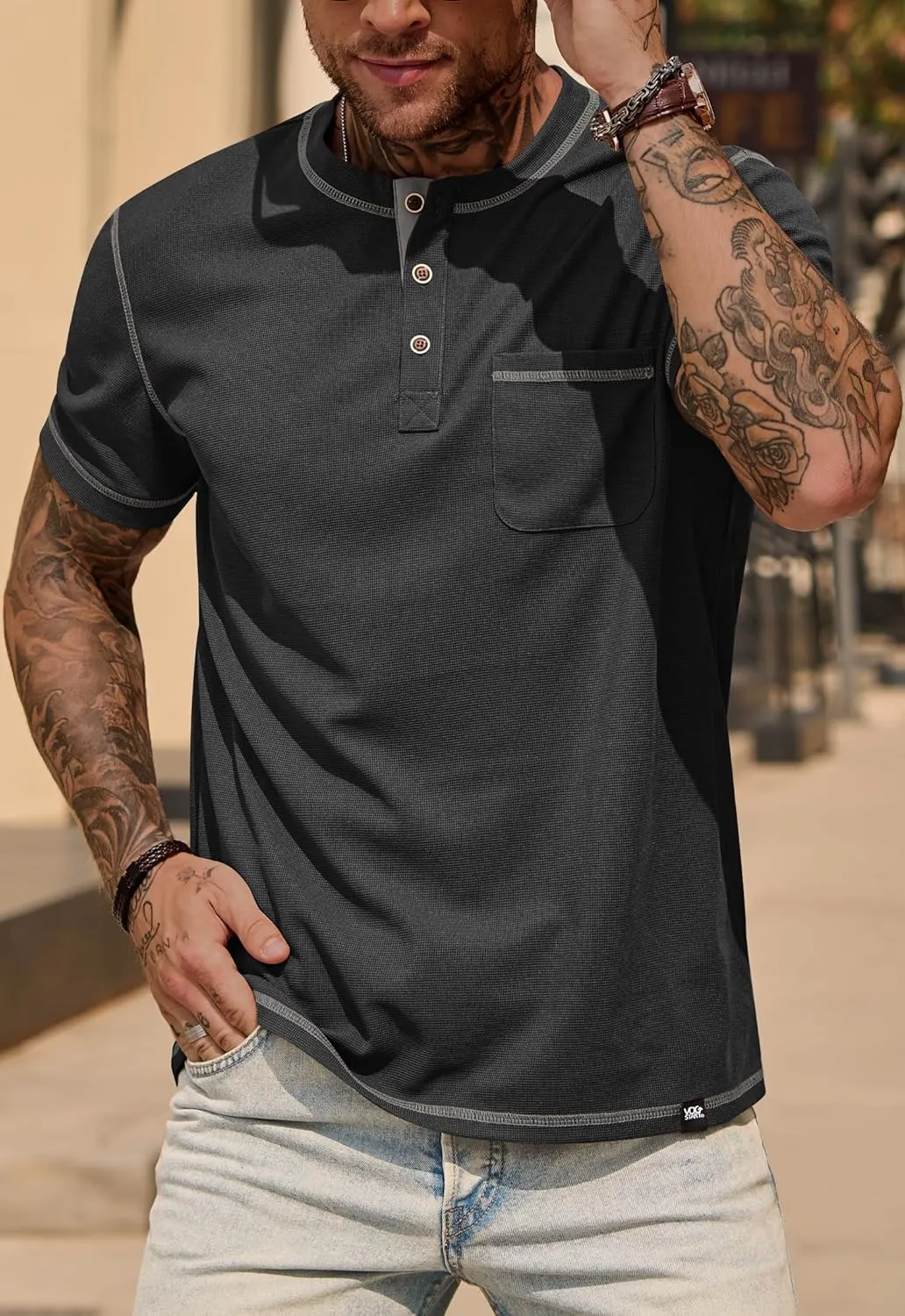 Mens Henley Shirts Casual Stretch Summer Lightweigh Waffle Short Sleeve T-Shirt with Pocket (S-XXL)