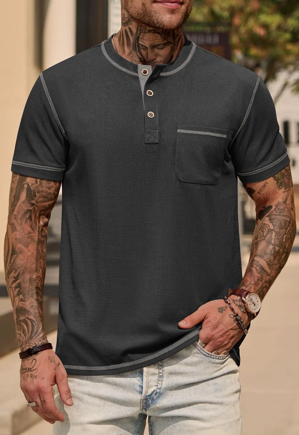 Mens Henley Shirts Casual Stretch Summer Lightweigh Waffle Short Sleeve T-Shirt with Pocket (S-XXL)