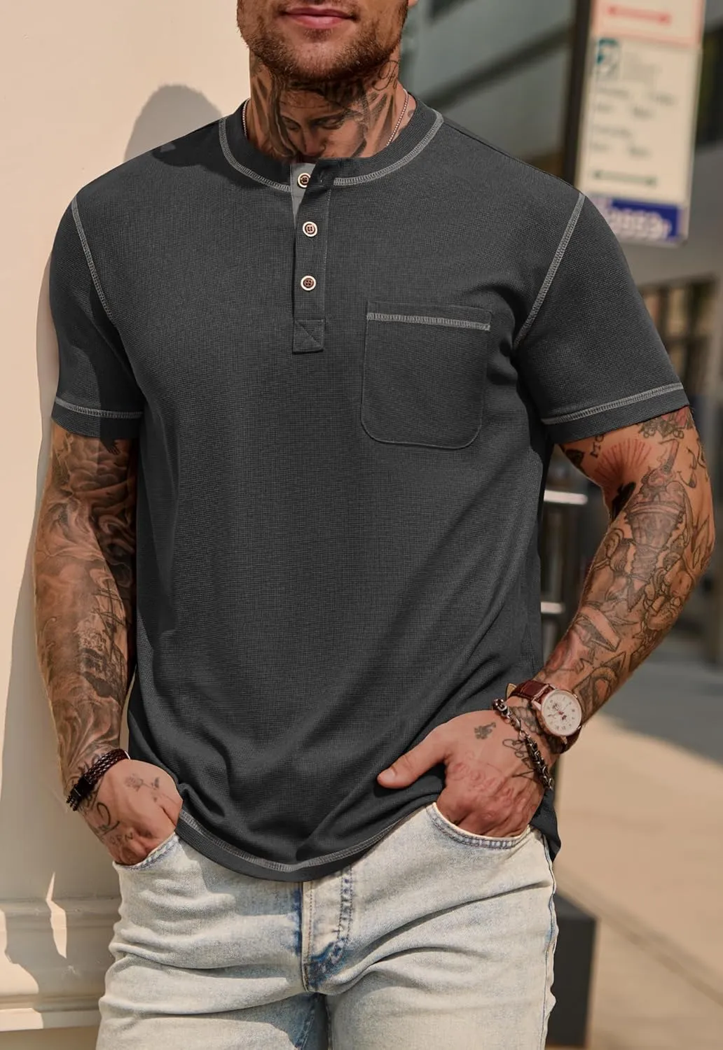 Mens Henley Shirts Casual Stretch Summer Lightweigh Waffle Short Sleeve T-Shirt with Pocket (S-XXL)