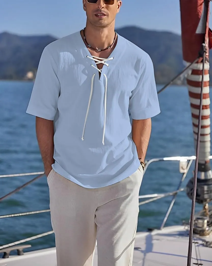 Men's Henley Shirts V-Neck Lace-Up Medieval Beach Resorts Retro Shirt