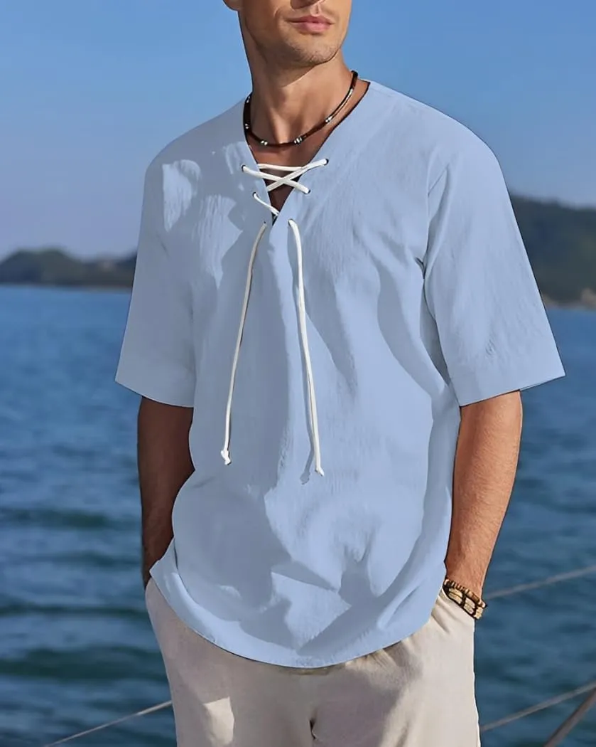 Men's Henley Shirts V-Neck Lace-Up Medieval Beach Resorts Retro Shirt