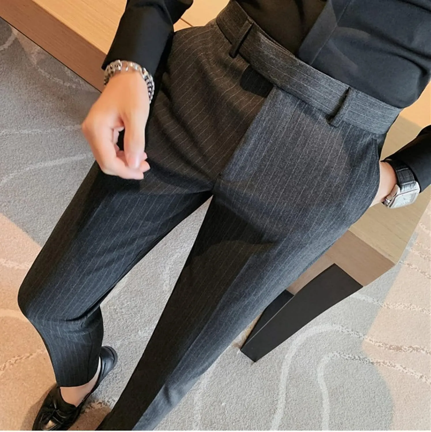 Men's Lightweight Slim Fit Striped Dress Pant Stretch Casual Business Flat-Front Chino Suit Trousers