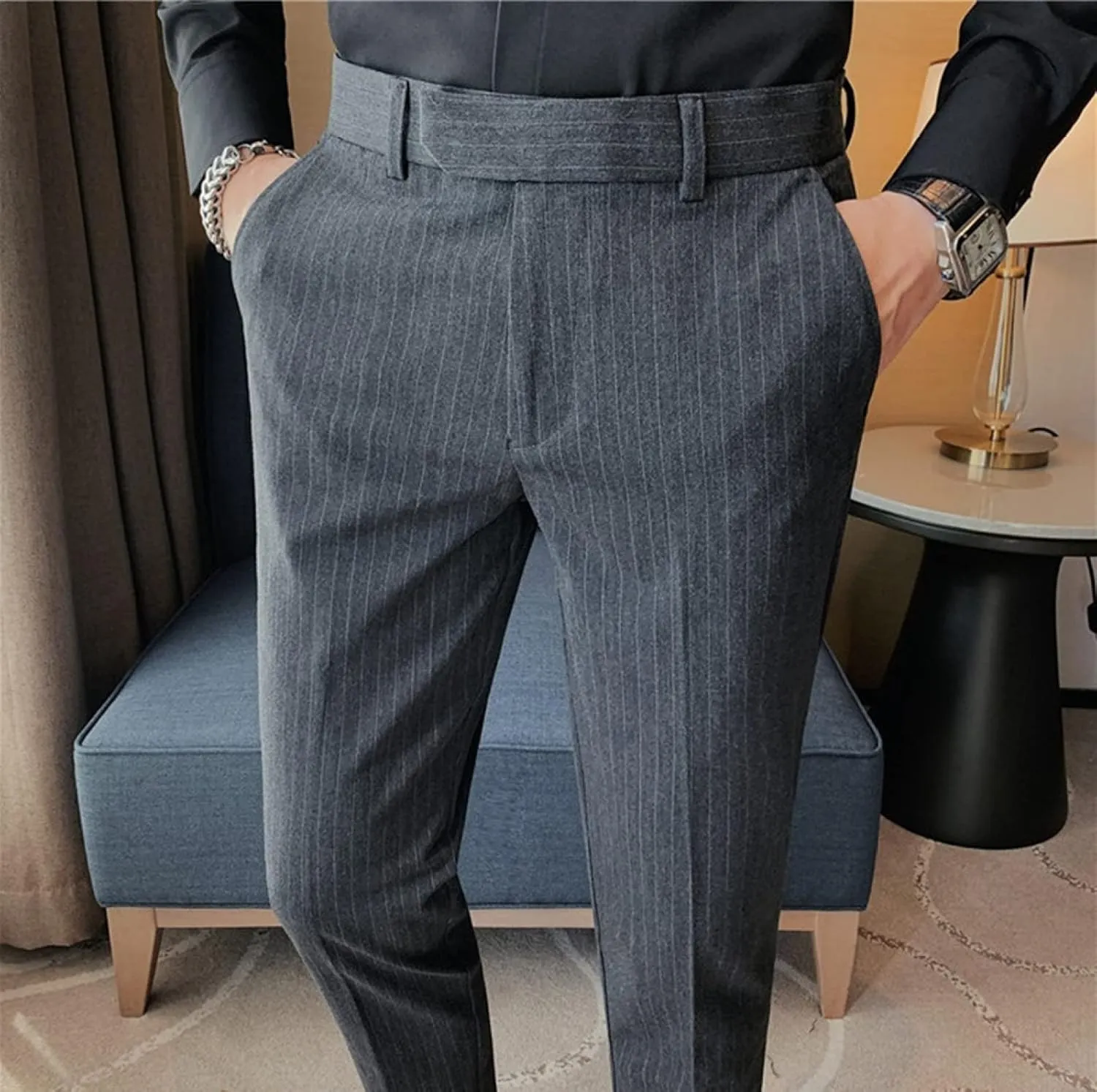 Men's Lightweight Slim Fit Striped Dress Pant Stretch Casual Business Flat-Front Chino Suit Trousers