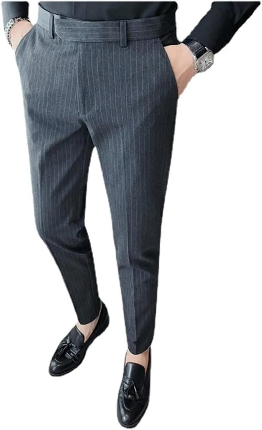 Men's Lightweight Slim Fit Striped Dress Pant Stretch Casual Business Flat-Front Chino Suit Trousers