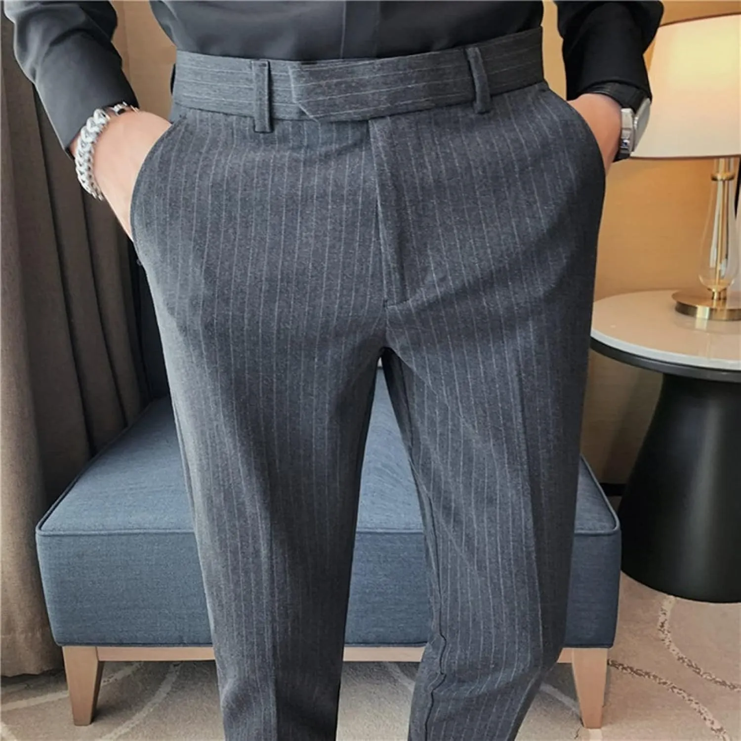 Men's Lightweight Slim Fit Striped Dress Pant Stretch Casual Business Flat-Front Chino Suit Trousers