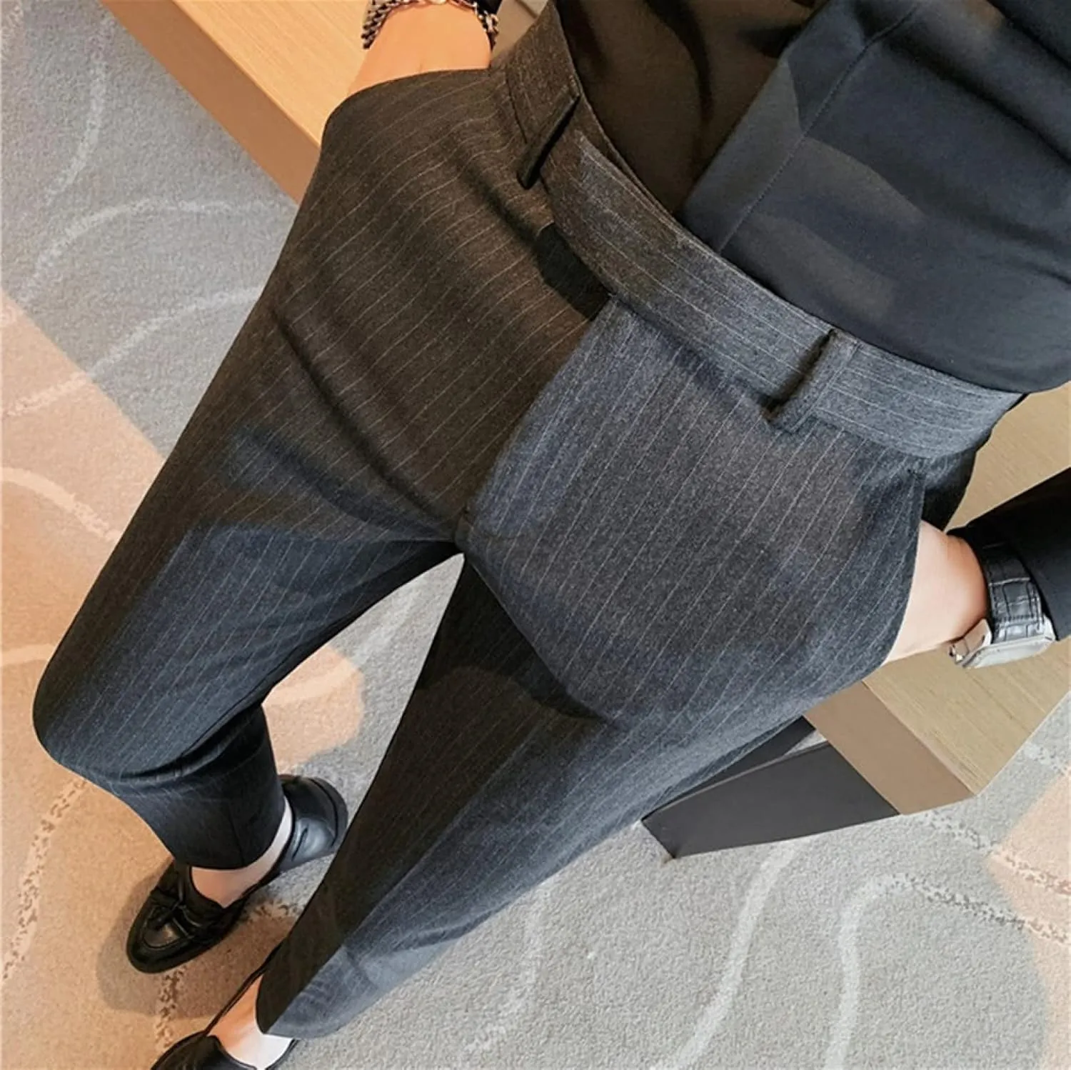 Men's Lightweight Slim Fit Striped Dress Pant Stretch Casual Business Flat-Front Chino Suit Trousers
