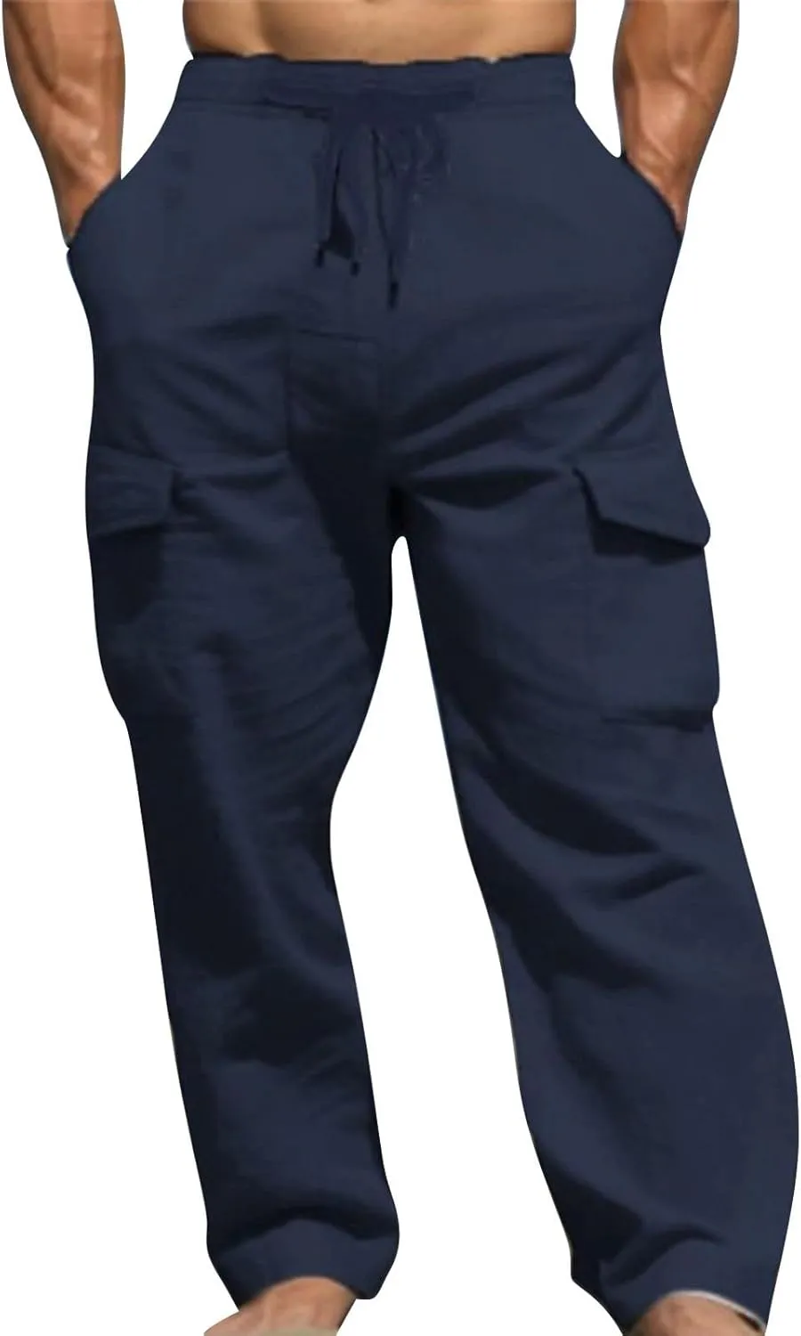 Mens Linen Beach Pants Big Tall Casual Elastic Waist Summer Beach Pants Lightweight Breathable Yoga Vacation Trouser