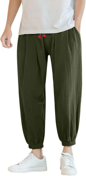 Mens Linen Beach Pants Big Tall Elastic Classic Waist Lounge Beach Pants Summer Casual Straight Leg Dress Trouser