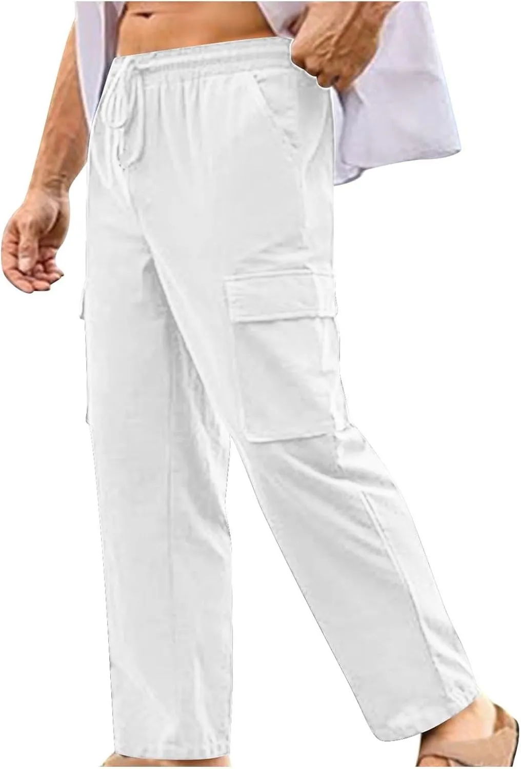 Mens Linen Cargo Pants Straight Casual Summer Beach Trousers with 4 Pockets Lightweight Fitness Pants for Outdoor