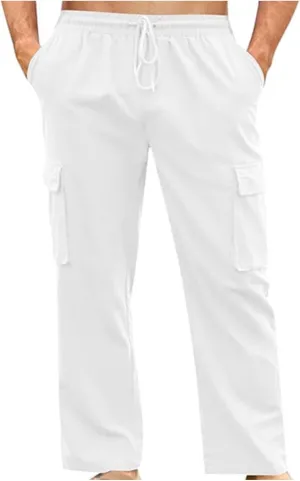 Mens Linen Cargo Pants Straight Casual Summer Beach Trousers with 4 Pockets Lightweight Fitness Pants for Outdoor