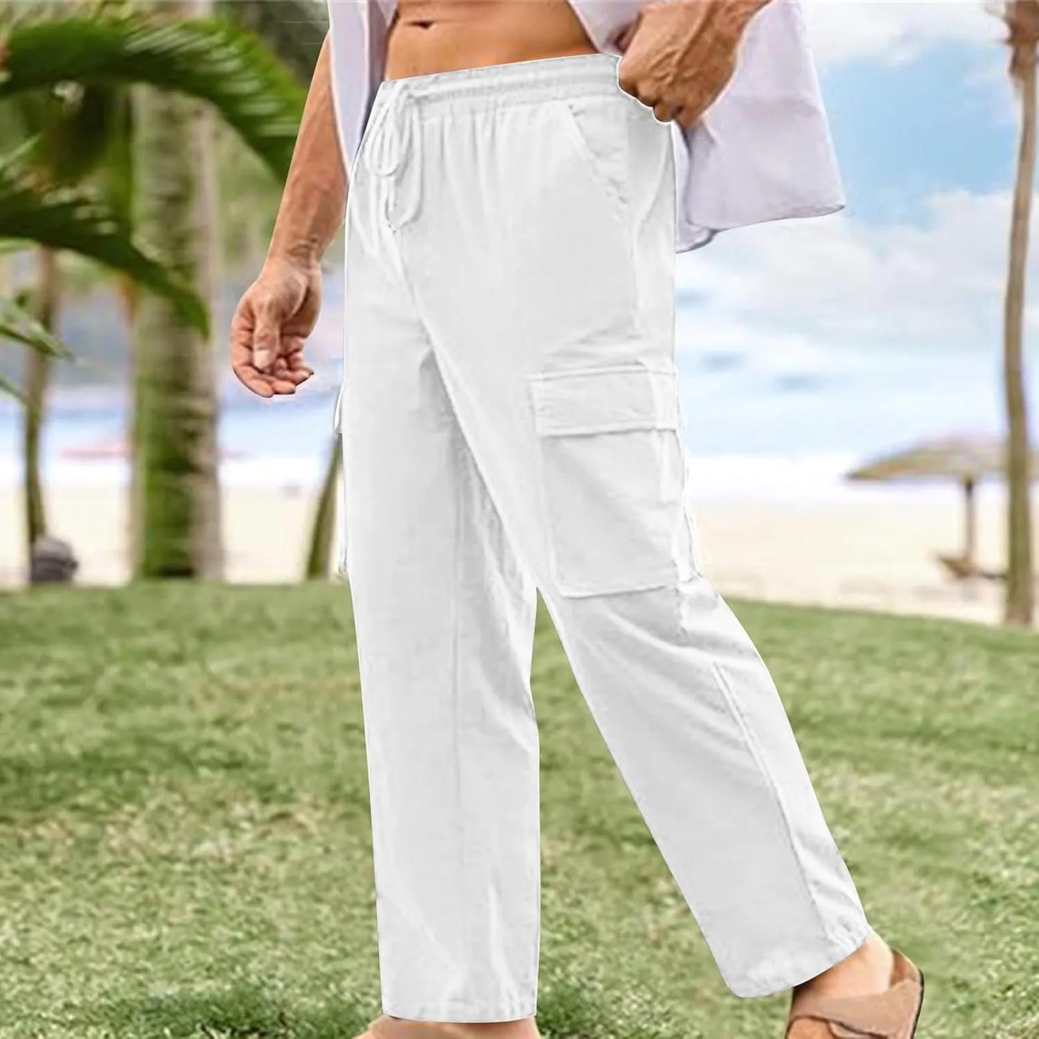 Mens Linen Cargo Pants Straight Casual Summer Beach Trousers with 4 Pockets Lightweight Fitness Pants for Outdoor