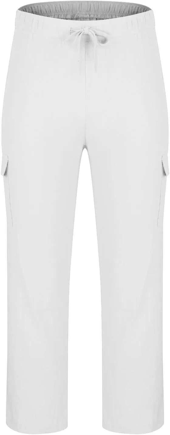 Mens Linen Cargo Pants Straight Casual Summer Beach Trousers with 4 Pockets Lightweight Fitness Pants for Outdoor