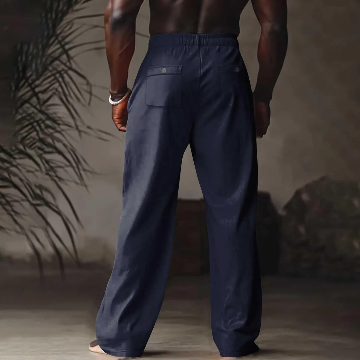 Mens Linen Pants Casual Drawstring Elastic Waist Yoga Pant Summer Lightweight Baggy Straight Leg Beach Loose Trousers