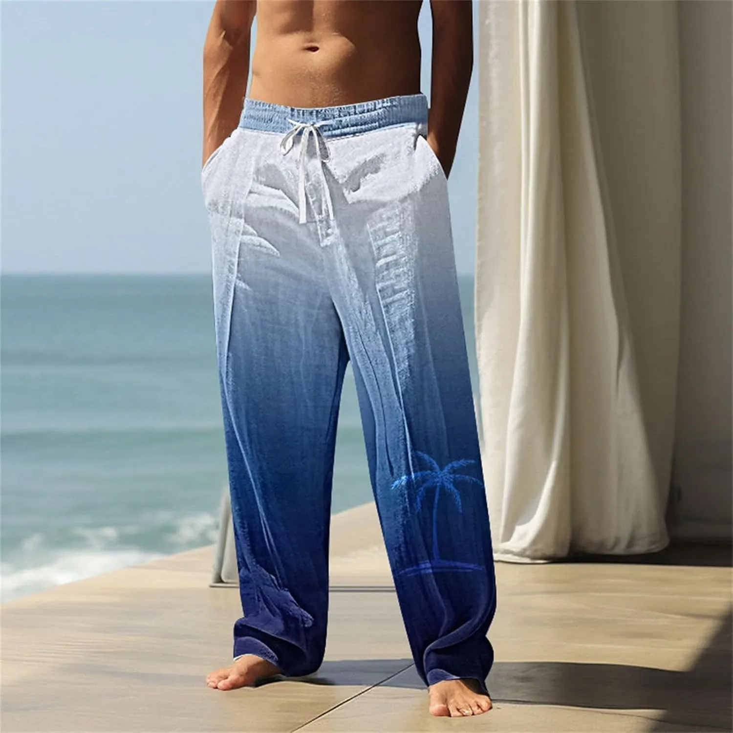 Mens Linen Pants Slim Fit Elastic Drawstring Waist Lounge Beach Pants Summer Casual Straight Leg Dress Trousers