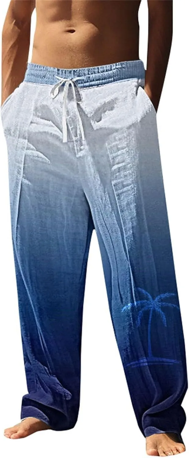 Mens Linen Pants Slim Fit Elastic Drawstring Waist Lounge Beach Pants Summer Casual Straight Leg Dress Trousers