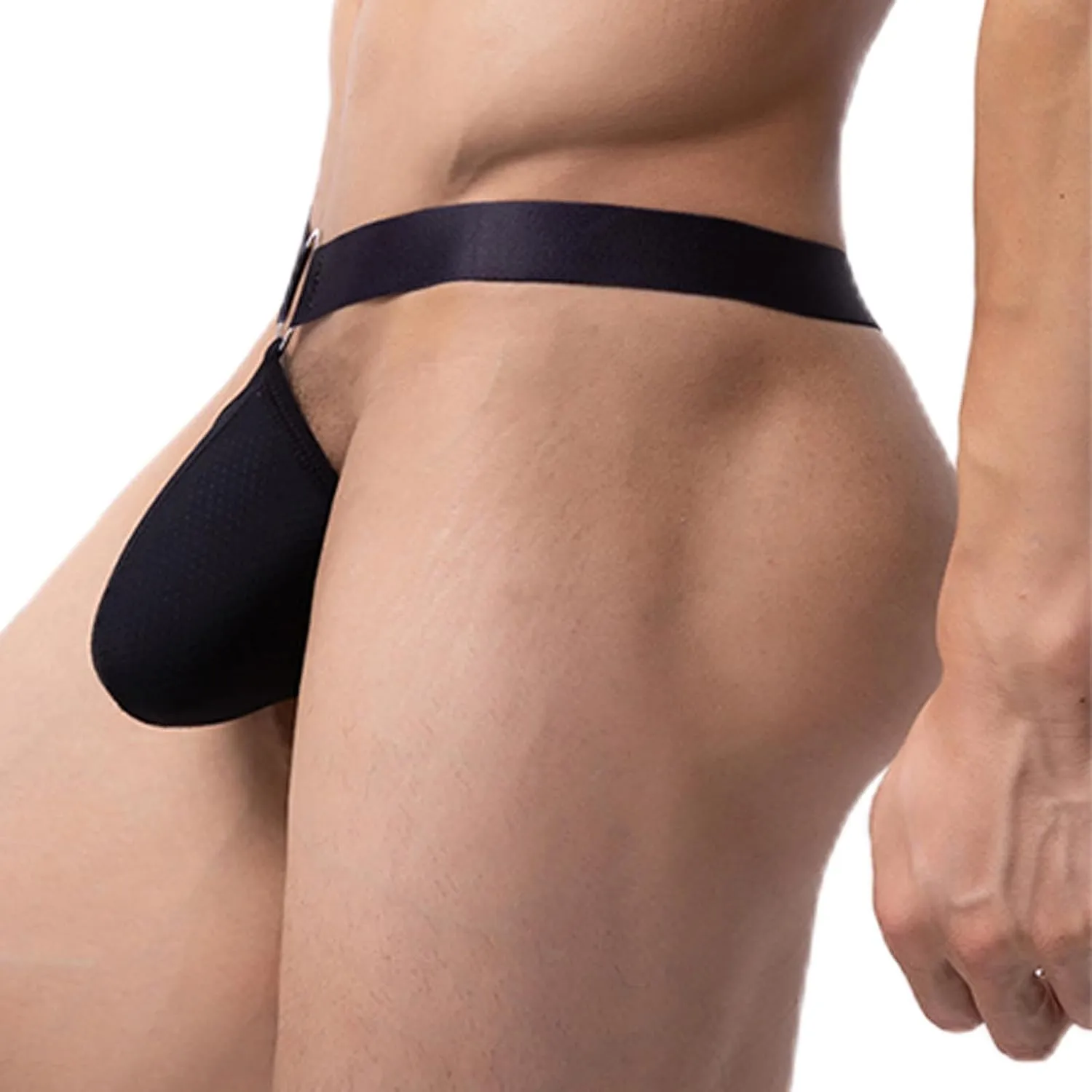 Mens Mesh Breathable Thong with Metal Ring Underwear Sexy Bulge Pouch Panties Low-Waist Open Hip Briefs Clubwear