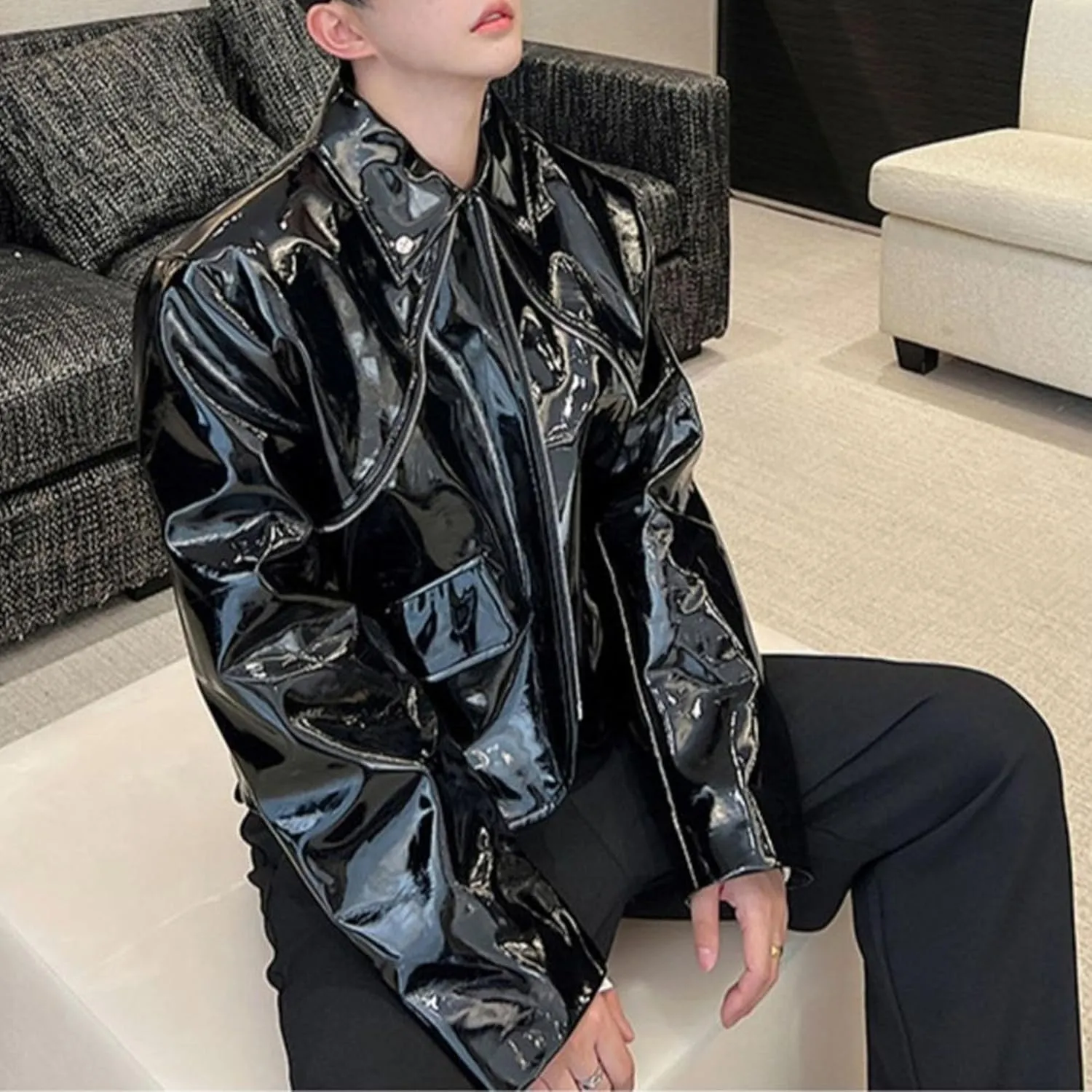 Men's Shiny Patent Leather Jacket Asymmetric Zipper Motorcycle Lapel Jackets Lapel Faux Leather Bomber Jacket