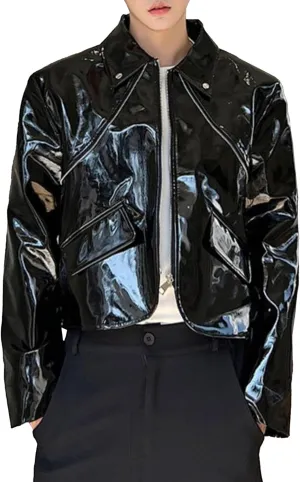 Men's Shiny Patent Leather Jacket Asymmetric Zipper Motorcycle Lapel Jackets Lapel Faux Leather Bomber Jacket