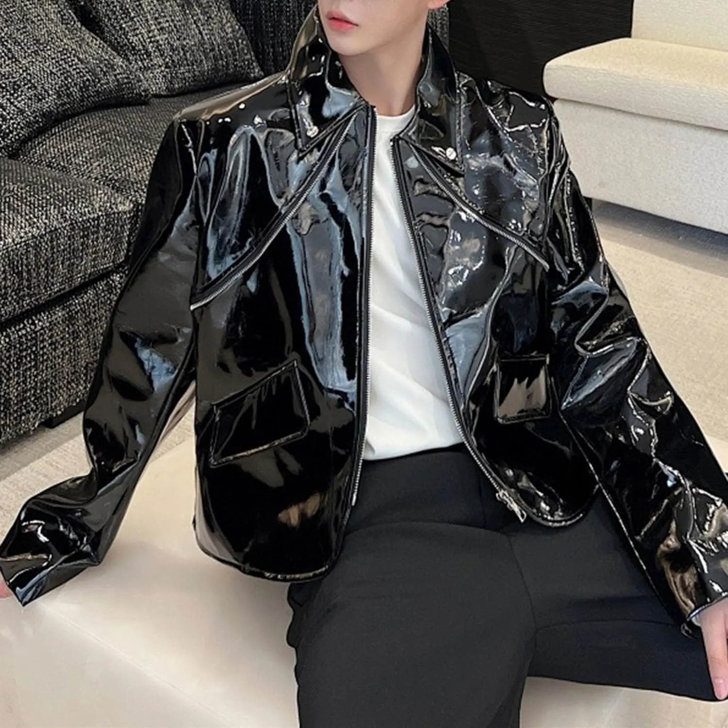 Men's Shiny Patent Leather Jacket Asymmetric Zipper Motorcycle Lapel Jackets Lapel Faux Leather Bomber Jacket