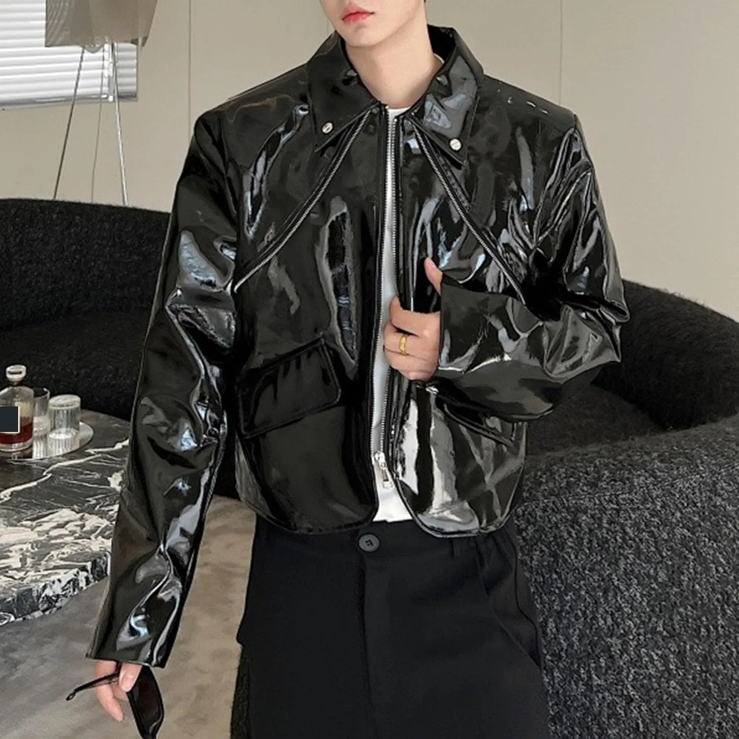 Men's Shiny Patent Leather Jacket Asymmetric Zipper Motorcycle Lapel Jackets Lapel Faux Leather Bomber Jacket