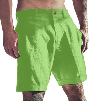 Mens Shorts Summer Trendy Cotton Linen Beach Pants Elastic Waist Button Trousers Breathable Running Pants with Pokets