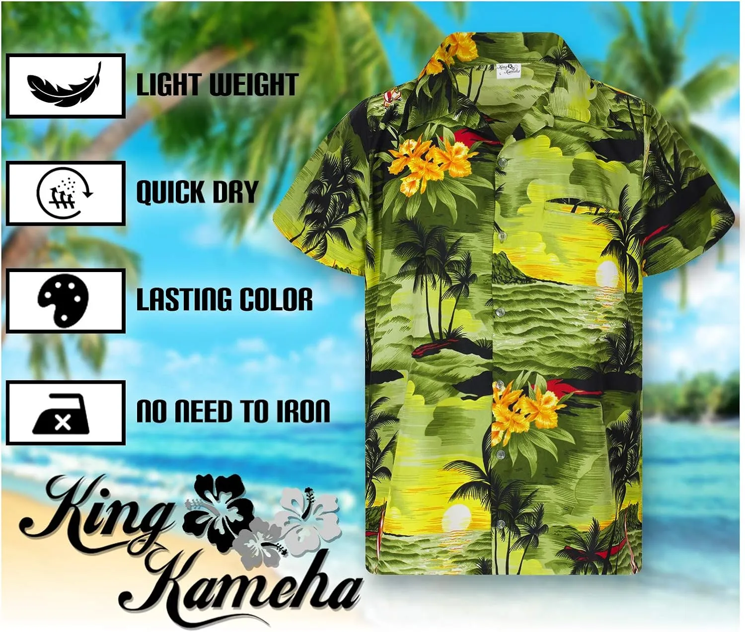 Men's Surfing-Shirt Short-Sleeve Casual-Button-Down Hawaii-Vacation Palms Sunset