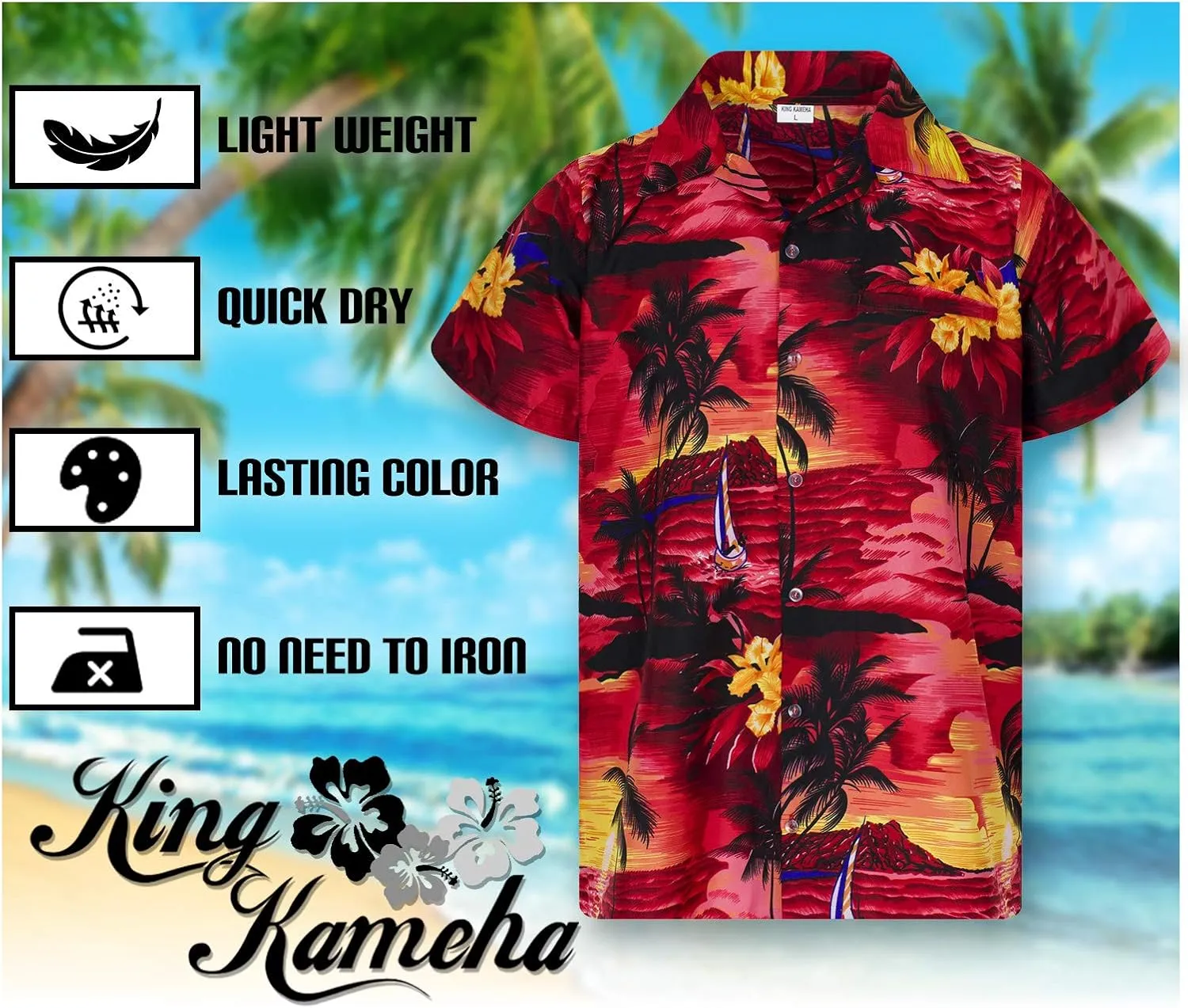 Men's Surfing-Shirt Short-Sleeve Casual-Button-Down Hawaii-Vacation Palms Sunset