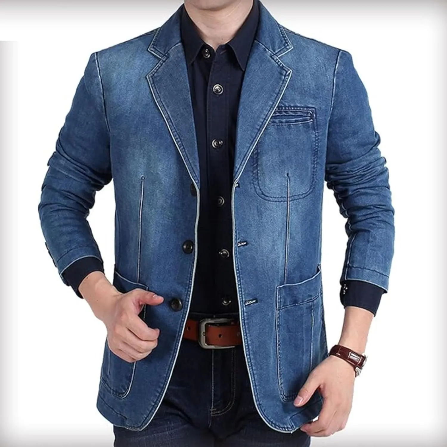Mens Two Button Denim Suit Jacket Slim Fit Autumn Blazer Sport Coat Lapel Vintage Jean Suits Jackets