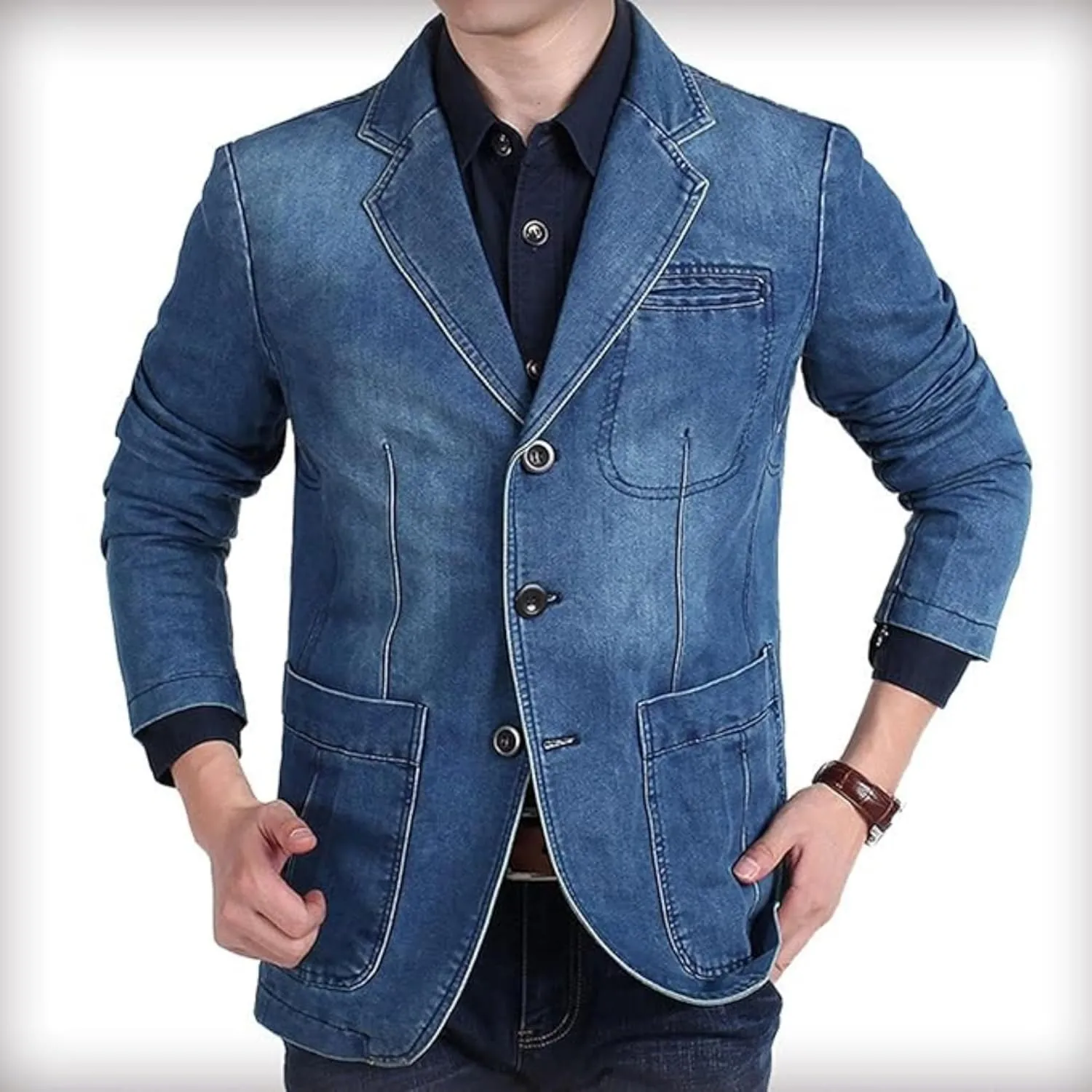 Mens Two Button Denim Suit Jacket Slim Fit Autumn Blazer Sport Coat Lapel Vintage Jean Suits Jackets