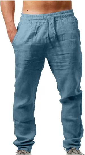 Men's Vintage Drawstring Casual Cotton Linen Pants Distressed Pleated Lightweight and Breathable Lounge Pants