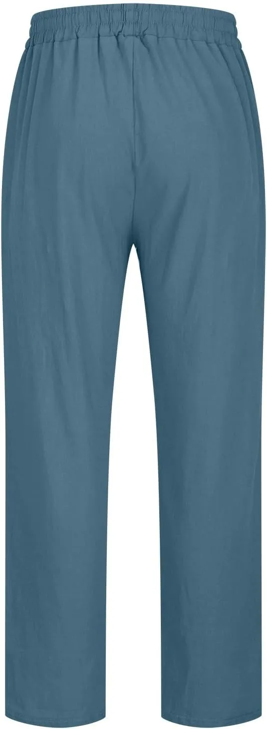 Men's Vintage Drawstring Casual Cotton Linen Pants Distressed Pleated Lightweight and Breathable Lounge Pants