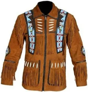 Men's Western Cowboy Leather Jacket with Fringed Native American Suede Beaded Traditional Leather Coat