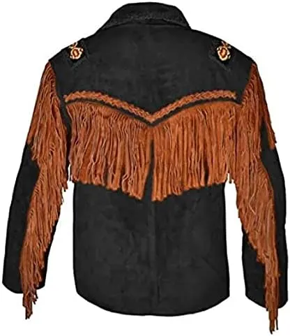 Men's Western Cowboy Leather Jacket with Fringed Native American Suede Beaded Traditional Leather Coat