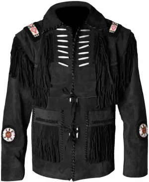 Men's Western Cowboy Leather Jacket with Fringed Native American Suede Beaded Traditional Leather Coat