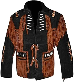 Men's Western Cowboy Leather Jacket with Fringed Native American Suede Beaded Traditional Leather Coat