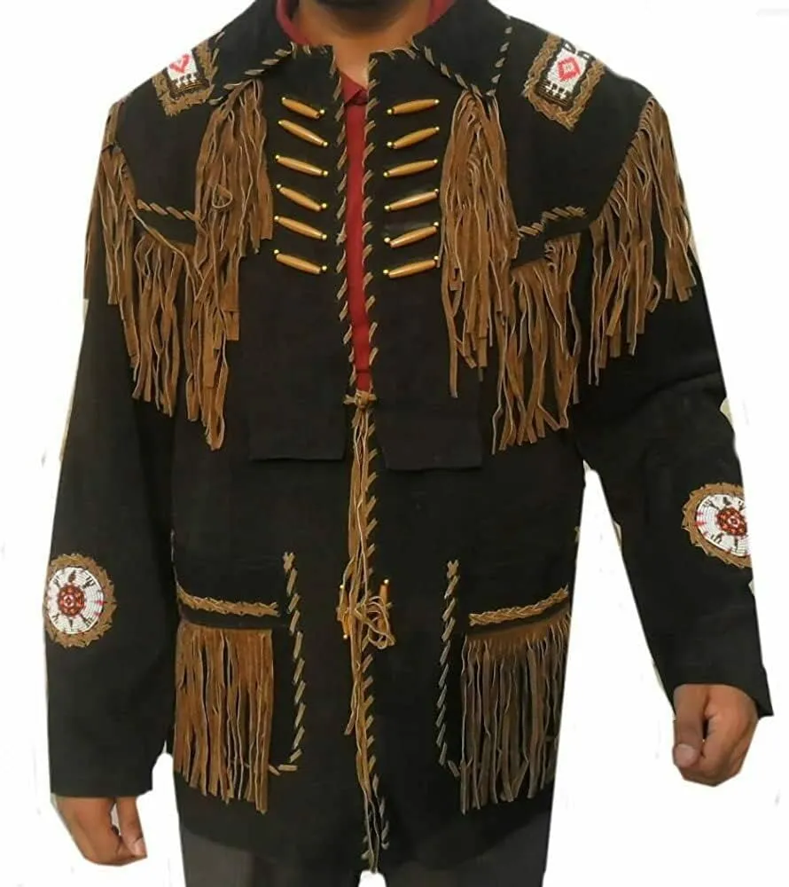 Men's Western Cowboy Leather Jacket with Fringed Native American Suede Beaded Traditional Leather Coat