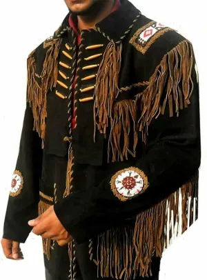 Men's Western Cowboy Leather Jacket with Fringed Native American Suede Beaded Traditional Leather Coat