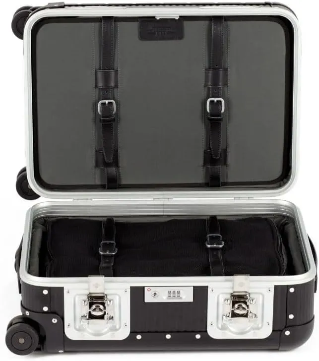 Milano Bank 55 Spinner, Durable and Luxurious Luggage Made in Italy, 4-wheel Spinner for Smooth Travel, Integrated TSA Lock, Fine Leather Straps, Caviar Black, Check-In 22-Inch