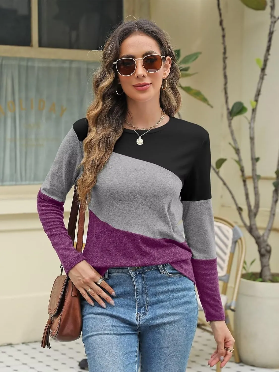 Minetom Women's Color Block Tops Casual Long Sleeve Tunic Round Neck Pullover Shirts