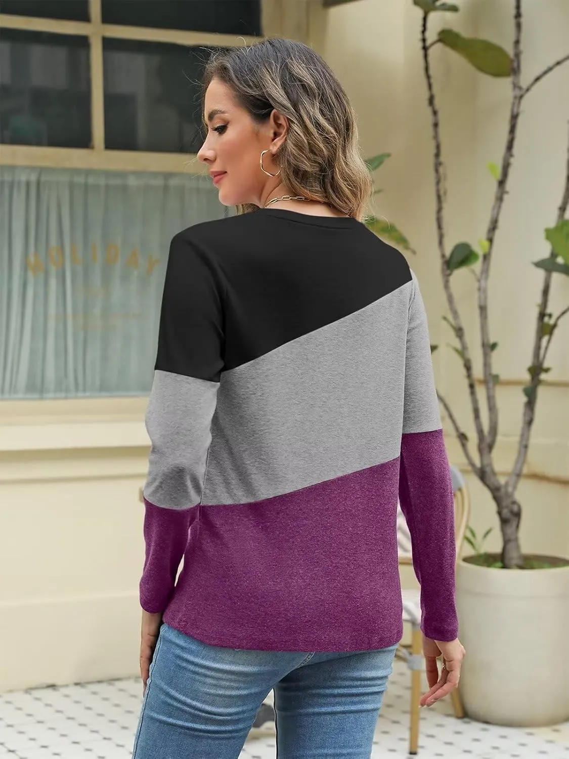 Minetom Women's Color Block Tops Casual Long Sleeve Tunic Round Neck Pullover Shirts