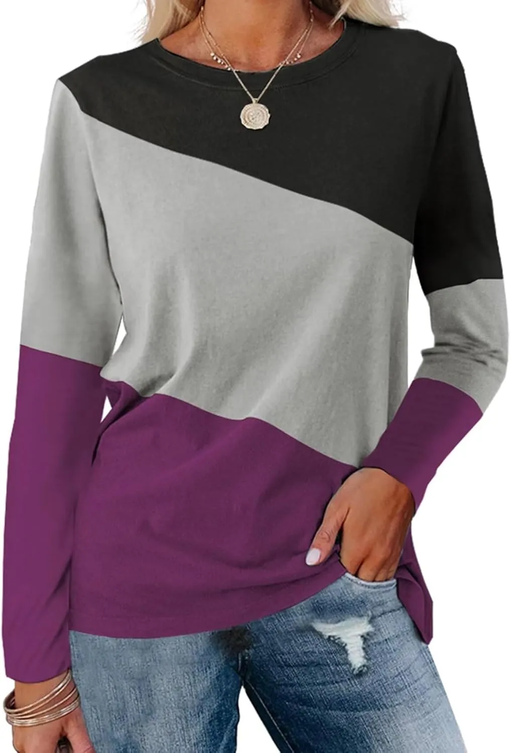 Minetom Women's Color Block Tops Casual Long Sleeve Tunic Round Neck Pullover Shirts