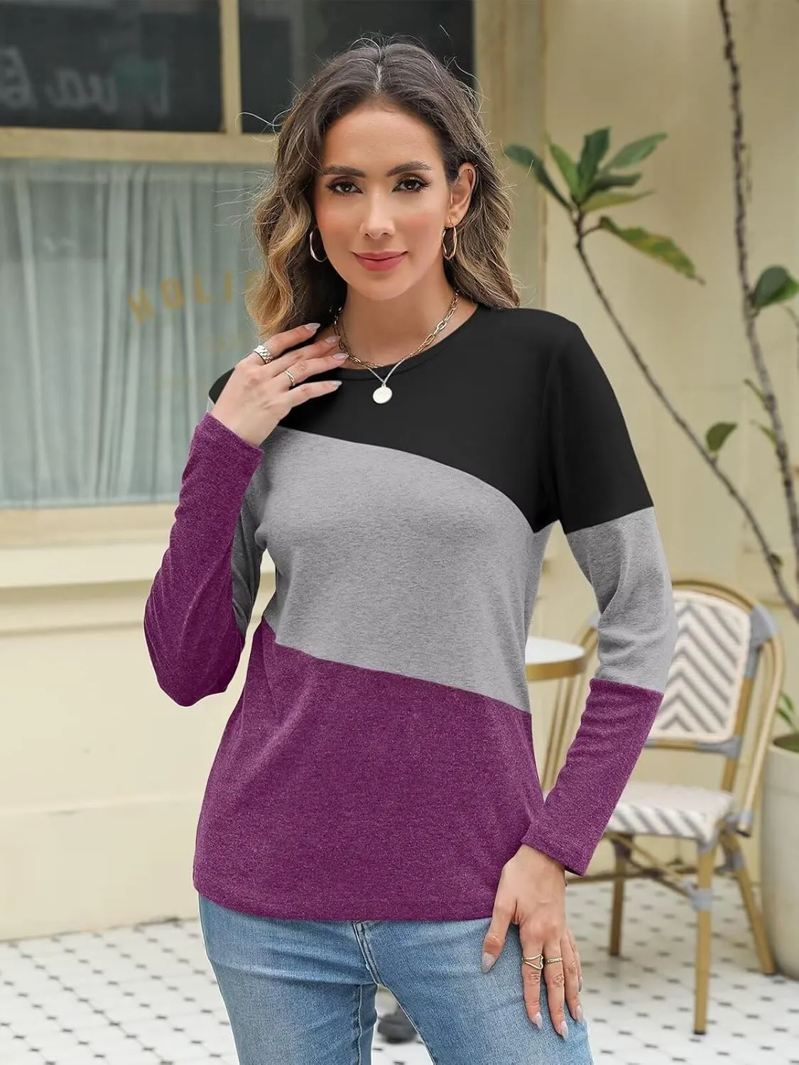 Minetom Women's Color Block Tops Casual Long Sleeve Tunic Round Neck Pullover Shirts