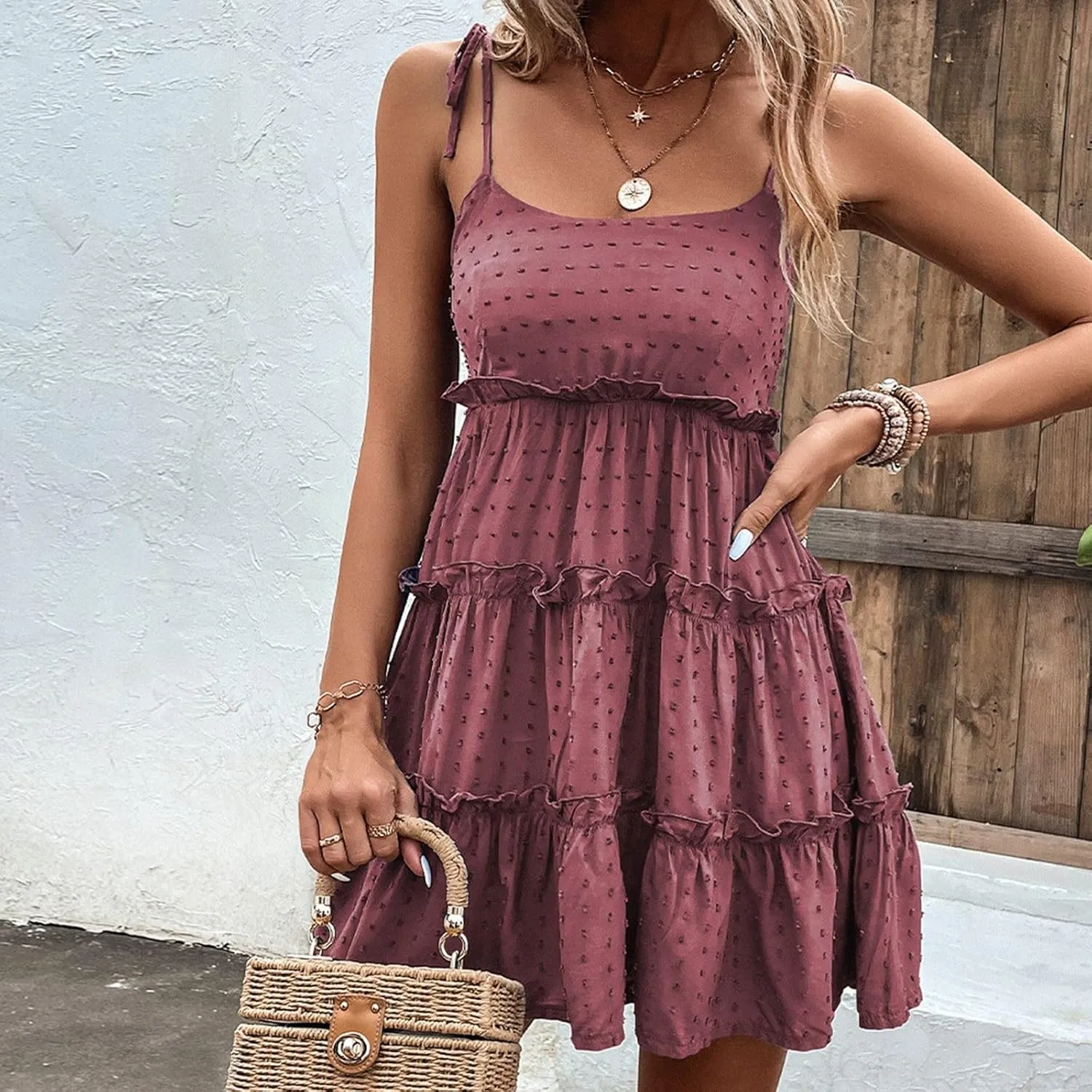 Mini Ruffle Dresses for Women Summer Sleeveless Tube Top Cami Party Evening Cocktail Dress Eyelet Flowy A-LIne Pleated Dress