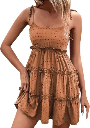 Mini Ruffle Dresses for Women Summer Sleeveless Tube Top Cami Party Evening Cocktail Dress Eyelet Flowy A-LIne Pleated Dress